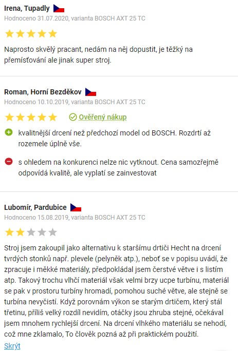 Recenze a zkušenosti s drtičem větví Bosch AXT 25 TC na Alze