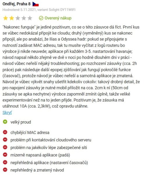 Recenzie a skúsenosti s inteligentnou zásuvkou Solight DY11WIFI