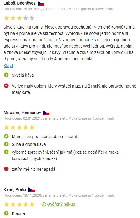 Recenze a zkušenosti s moka kávovarem Bialetti Moka Express 3 na Alze