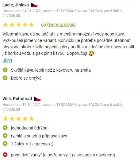 Recenze a zkušenosti s moka kávovarem Tescoma Paloma 6 na Alze