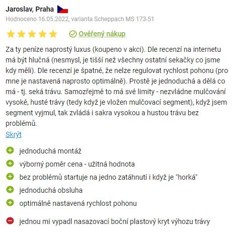 Recenze a zkušenosti s mulčovací sekačkou Scheppach MS 173-51 na Alze