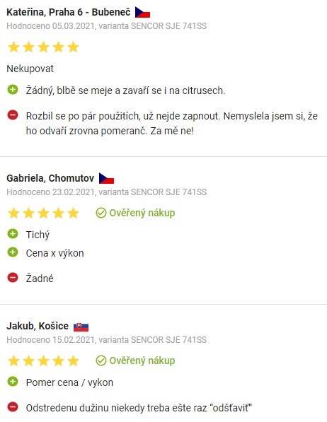 Recenze a zkušenosti s odšťavňovačem Sencor SJE 741SS na Alza