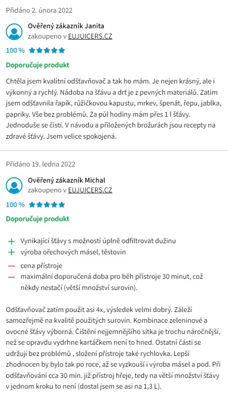 Recenze a zkušenosti s odšťavňovačem Sana Juicer EUJ-707