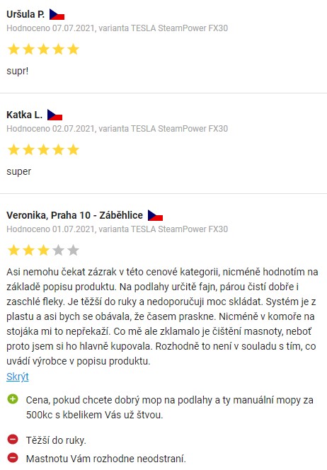 Recenze a zkušenosti s parním mopem Tesla SteamPower FX30 na Alze