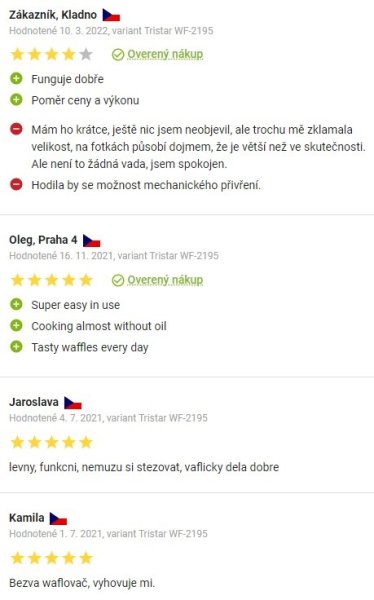 Recenze a zkušenosti s vaflovačem Tristar WF-2195 na Alze