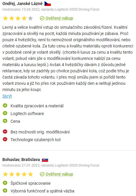 Recenze a zkušenosti s volantem na PC Logitech G920 na Alze