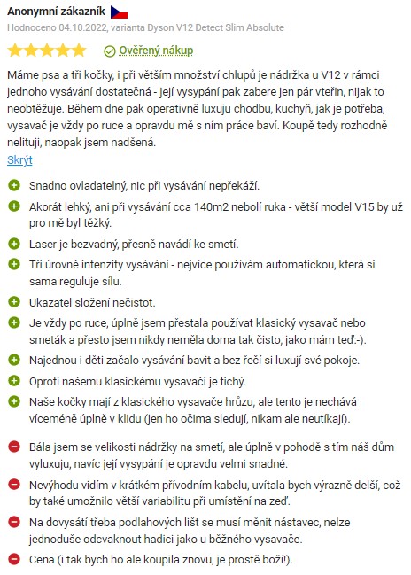 Recenze a zkušenosti s tyčovým vysavačem Dyson V12 Detect Slim Absolute